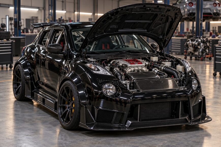 Black Nissan Juke-R with open hood parked inside a bright automotive workshop showing its engine