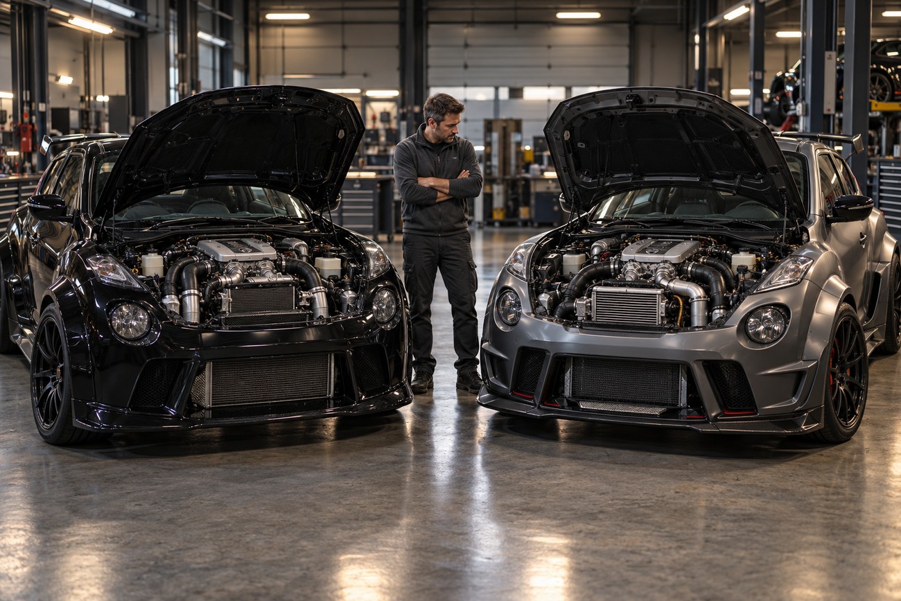 A mechanic standing with folded arms between two custom Nissan Juke-R crossovers with open hoods revealing powerful GT-R engines in a brightly lit workshop