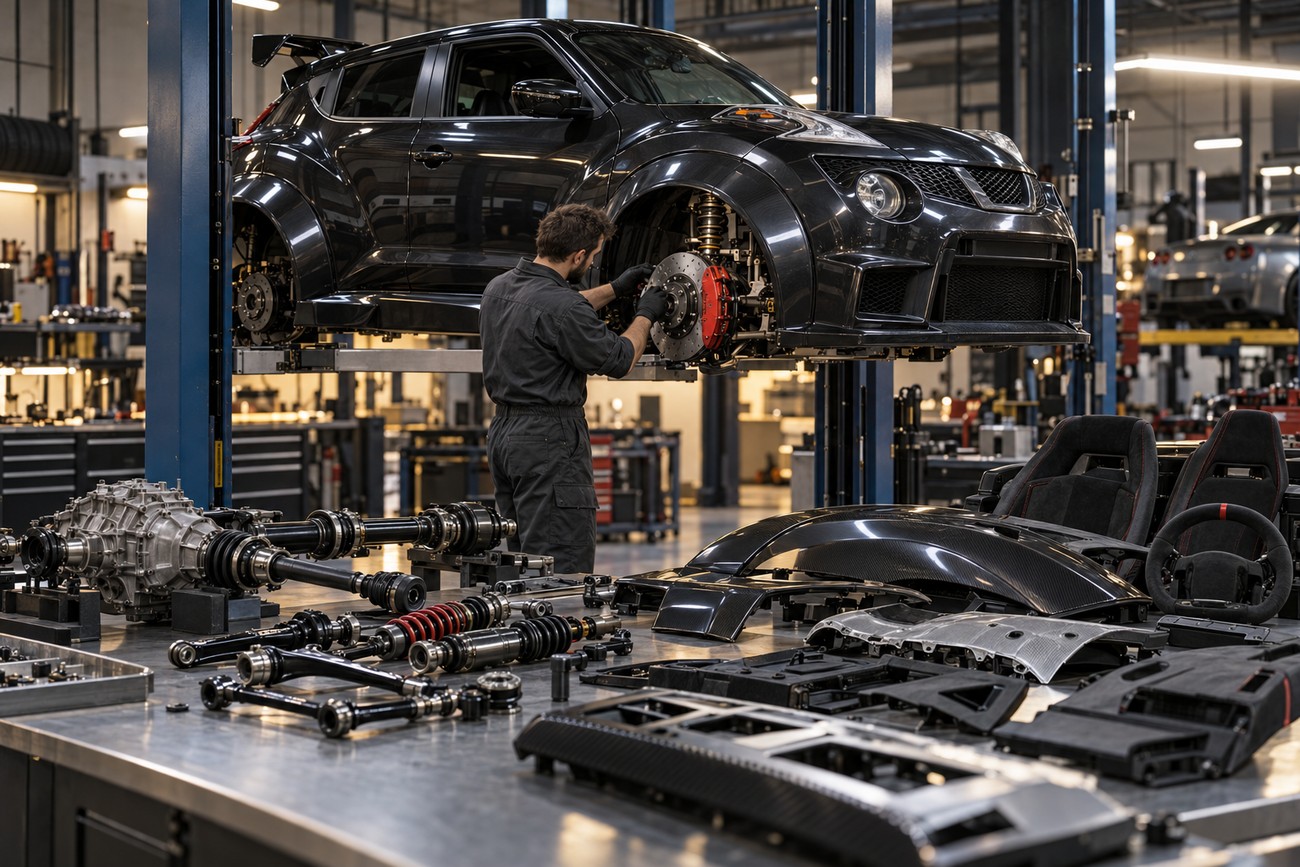 A mechanic working on a black Nissan Juke-R lifted on a hoist with performance car parts displayed on a workbench in the foreground