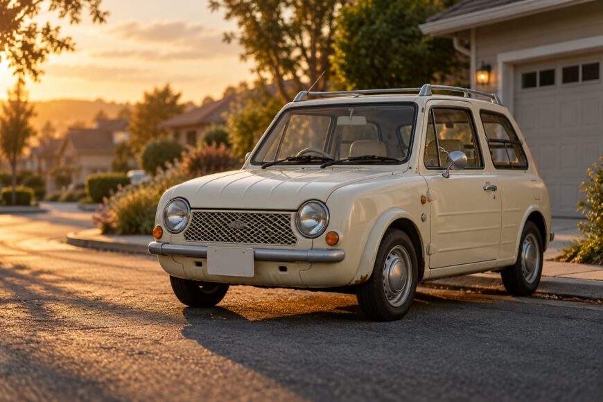 A vintage beige Nissan Pao retro car parked on a residential suburban street at sunset