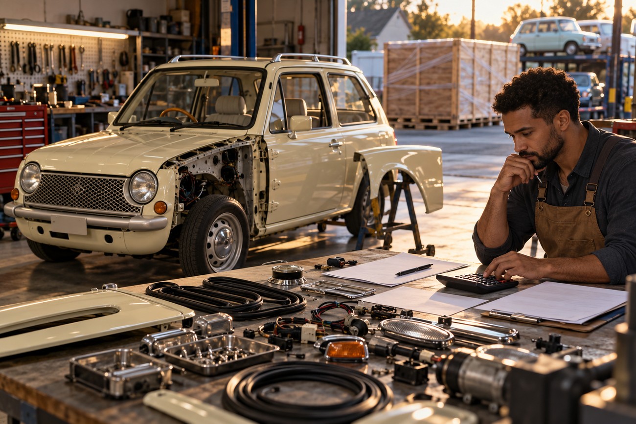 A mechanic in a workshop uses a calculator at a workbench covered in Nissan Pao car parts with a restoring vehicle in the background