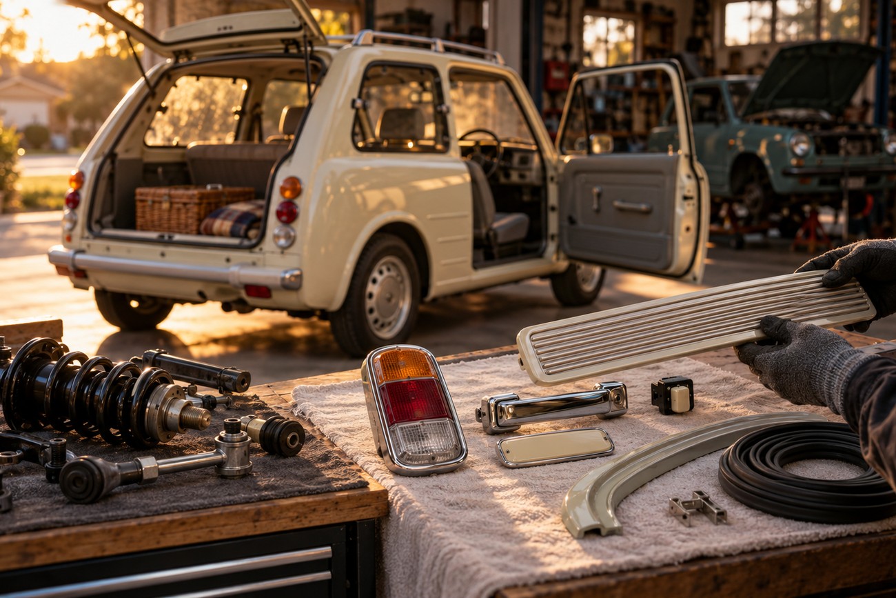 A mechanic holding a retro car trim piece next to spare parts and a vintage Nissan Pao parked in a garage