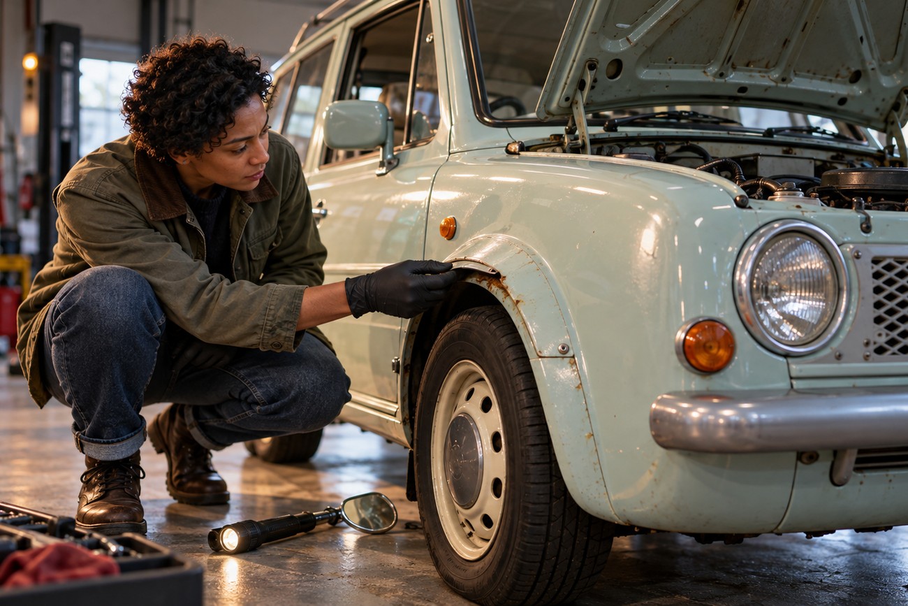 A woman mechanic in a jacket inspecting rust on the front fender of a vintage Nissan Pao in a workshop