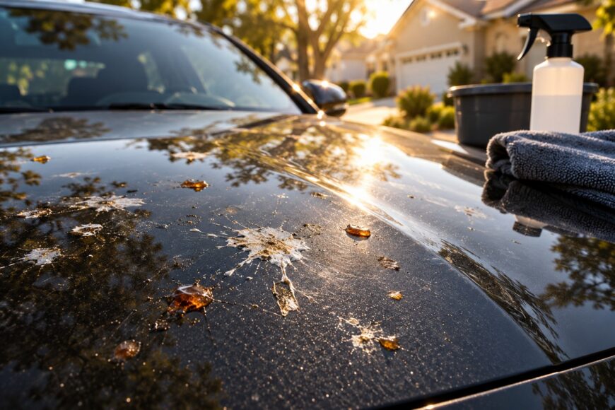 Bird droppings and tree sap on a dark car hood next to a spray bottle and microfiber towel