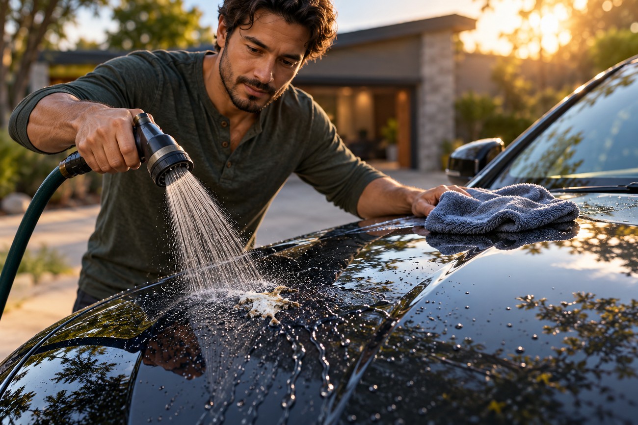 A man using a water hose to safely rinse bird droppings off the hood of a black car