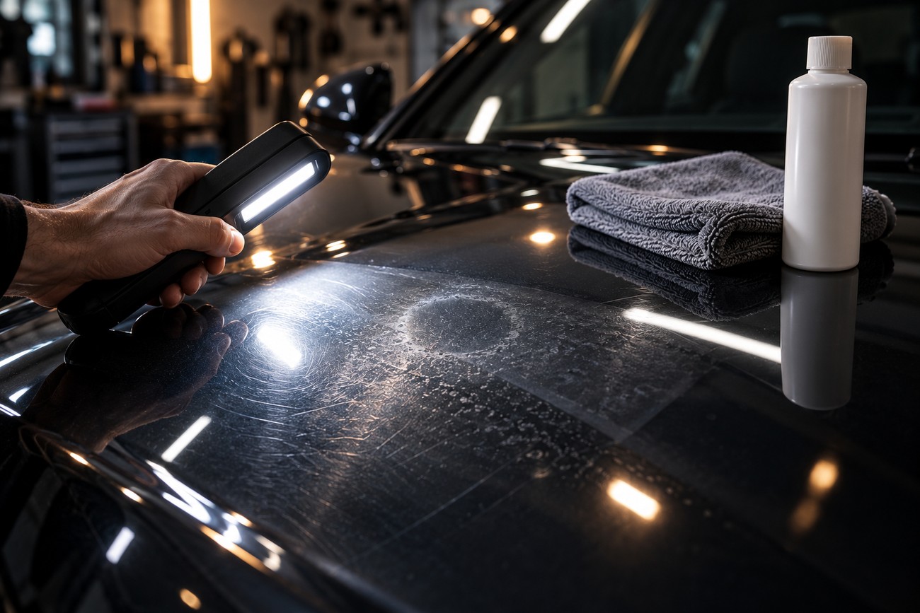 Person holding an LED inspection light over a black car hood to check tree sap and bird droppings damage next to a cleaner bottle and microfiber towel