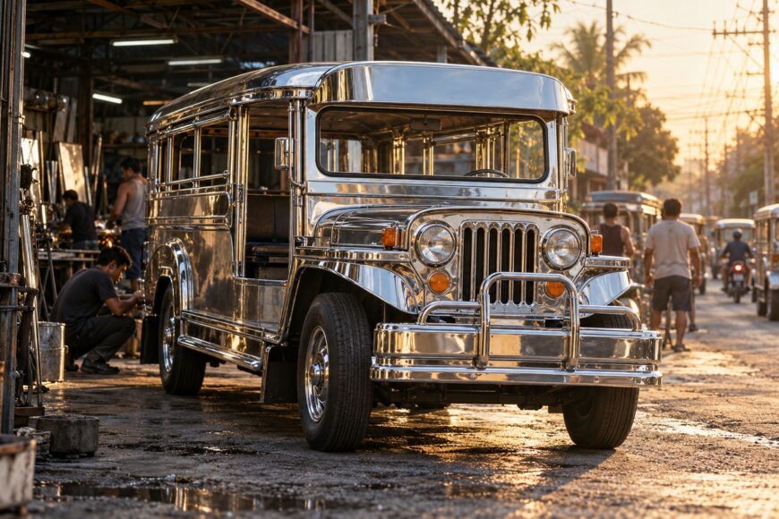 A shiny chrome Sarao jeepney parked outside a workshop with workers visible in the background during golden hour