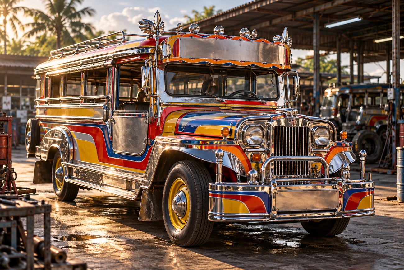 A heavily decorated traditional Sarao jeepney with bright red, blue, and yellow paint parked in a sunlit garage
