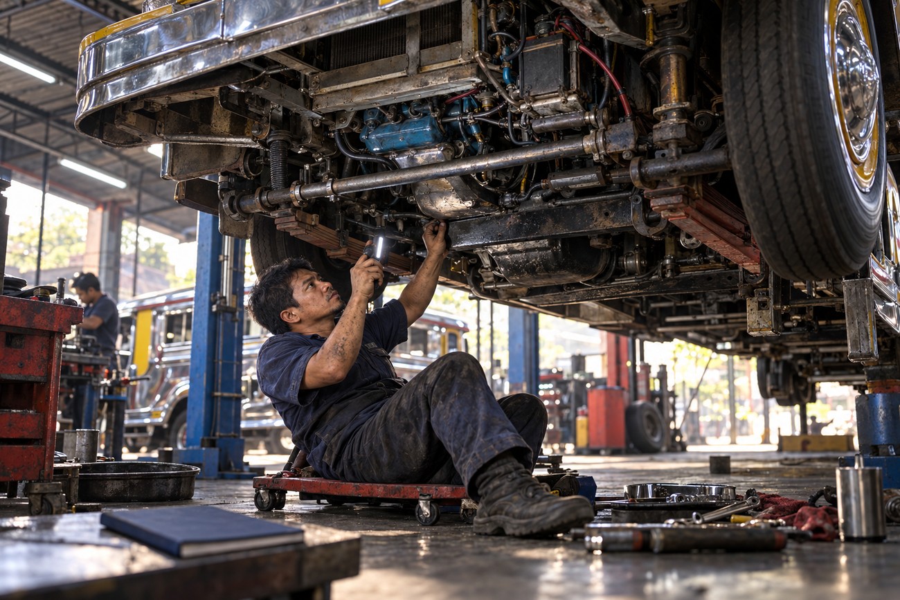 Mechanic lying on a creeper and inspecting the undercarriage and engine of a Sarao jeepney inside a workshop