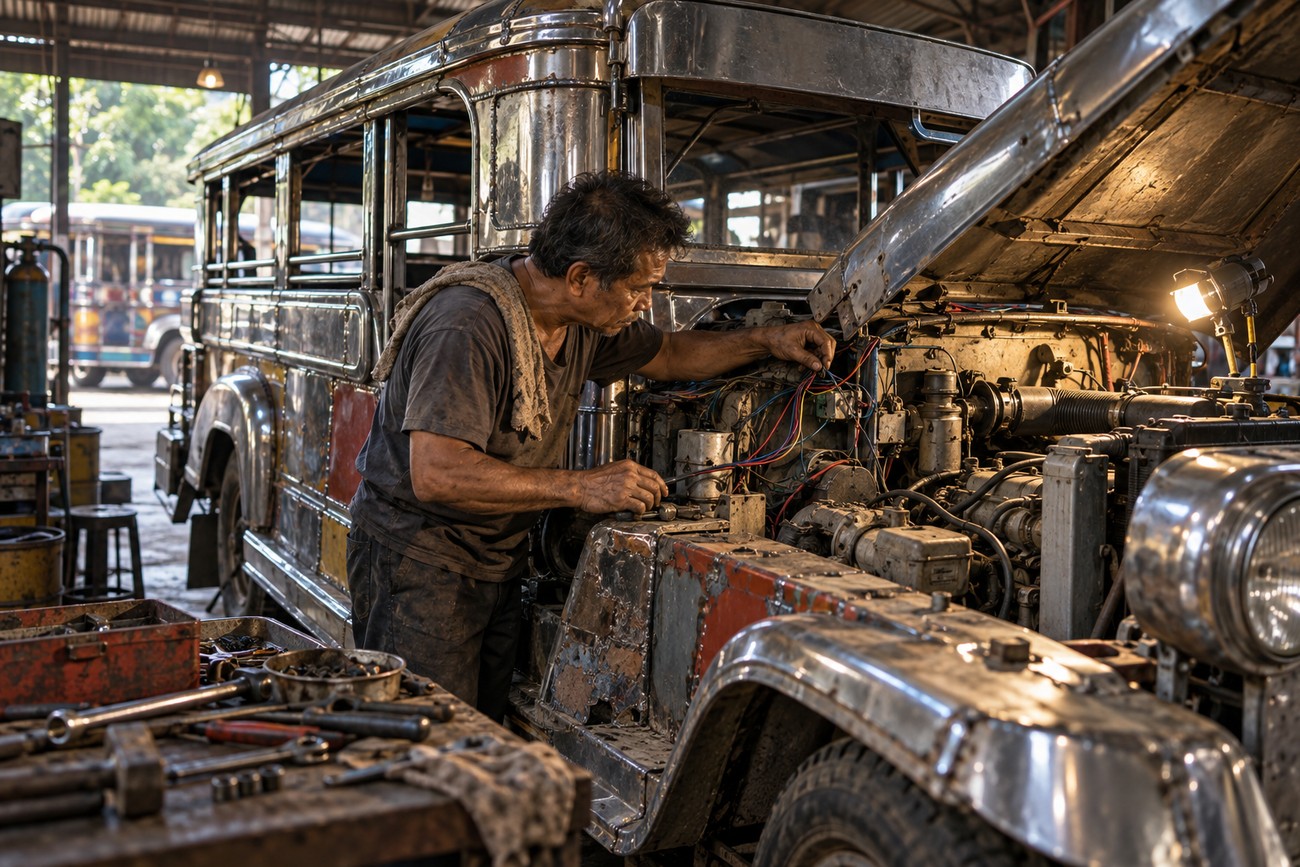A mechanic meticulously repairing the engine and wiring of a classic stainless steel Sarao jeepney inside a workshop