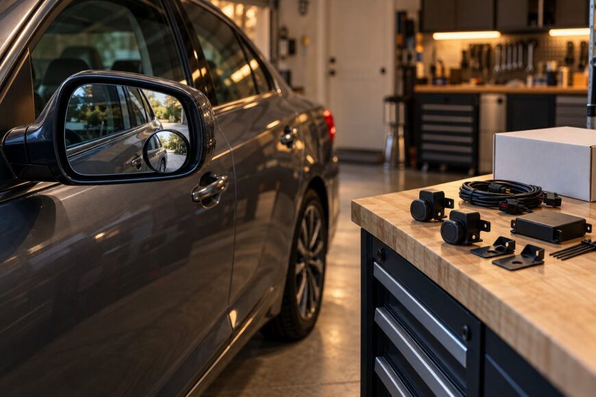 A dark sedan parked in a garage with a small convex blind spot mirror on its side mirror and a sensor kit laid out on a wooden workbench
