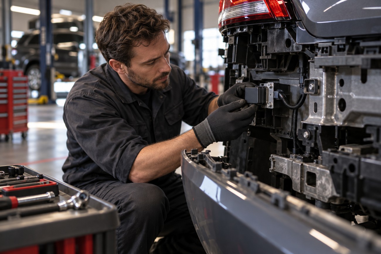 A professional mechanic installing a blind spot sensor kit into the rear of a car in a workshop