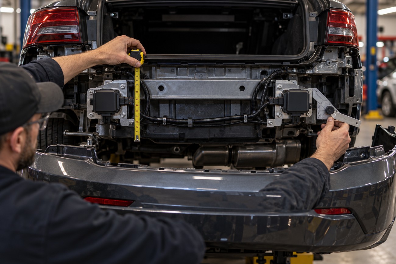 Mechanic measuring and calibrating blind spot radar sensors installed behind the rear bumper of a car