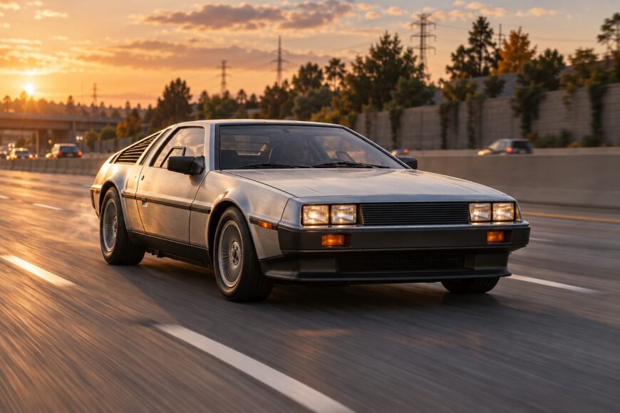 Silver DeLorean sports car driving fast on a highway during sunset with motion-blurred asphalt