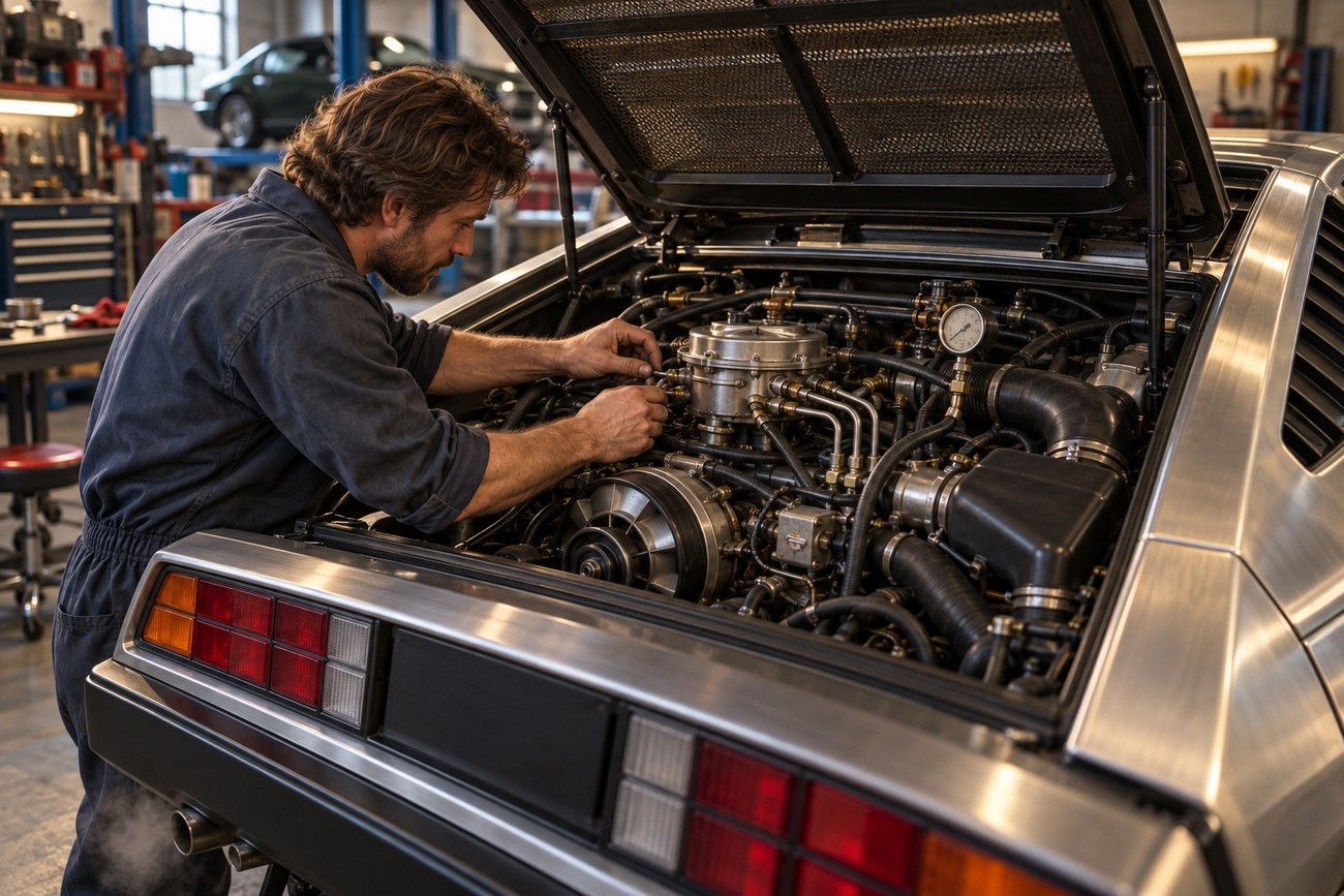 Mechanic in dark overalls working on the engine in the back of a stainless steel DeLorean in a repair garage