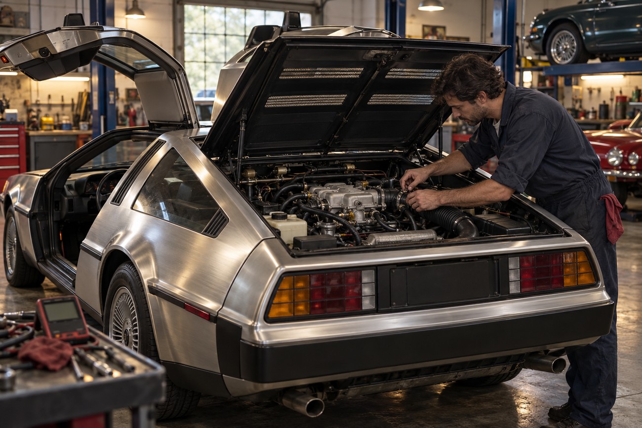 A mechanic in overalls inspecting the engine bay of a classic stainless steel DeLorean car in a garage