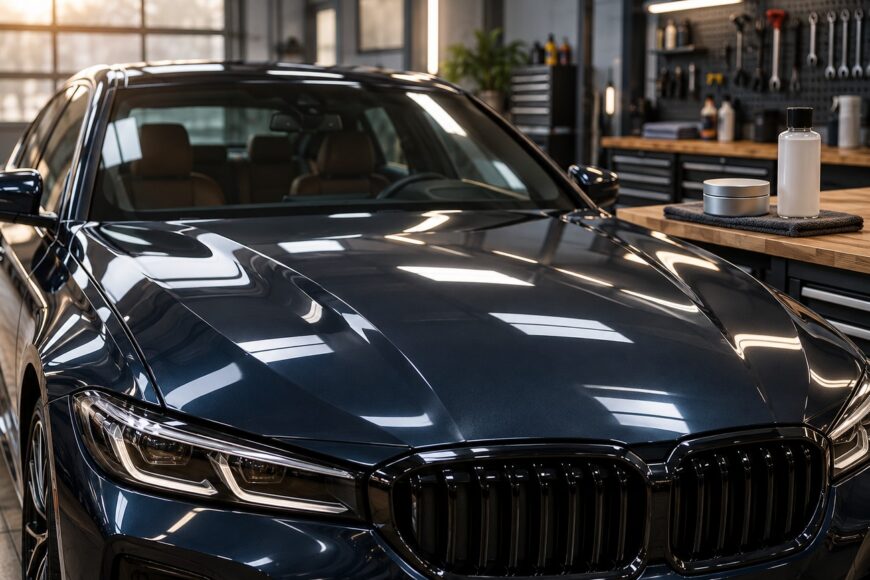 A freshly painted dark sedan parked inside a professional detailing shop with ceramic coating bottles on the workbench