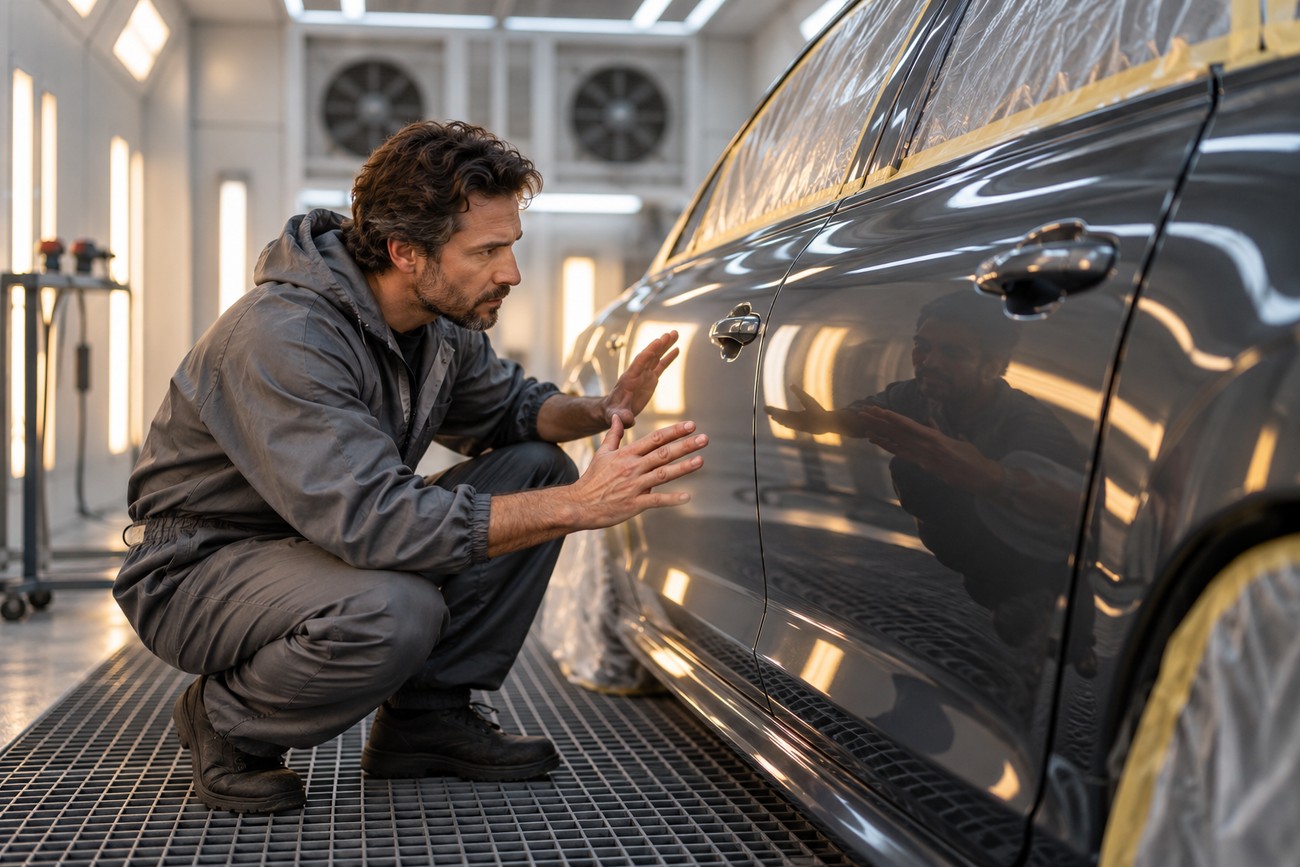 A mechanic in a grey jumpsuit kneels to closely inspect the glossy fresh paint on a dark car door inside a professional spray booth