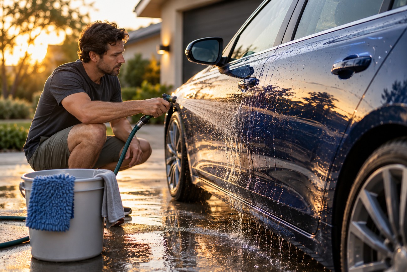A man is squatting next to a freshly painted dark blue car while rinsing soapy water off the side panel with a garden hose