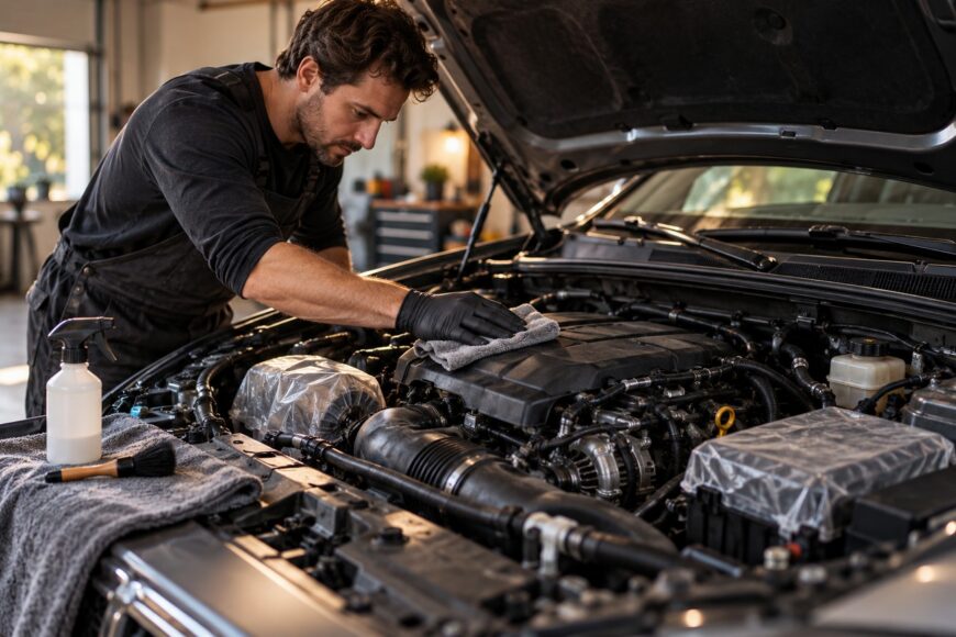 A professional mechanic wearing black gloves carefully cleans a car engine bay with a microfiber towel in a workshop