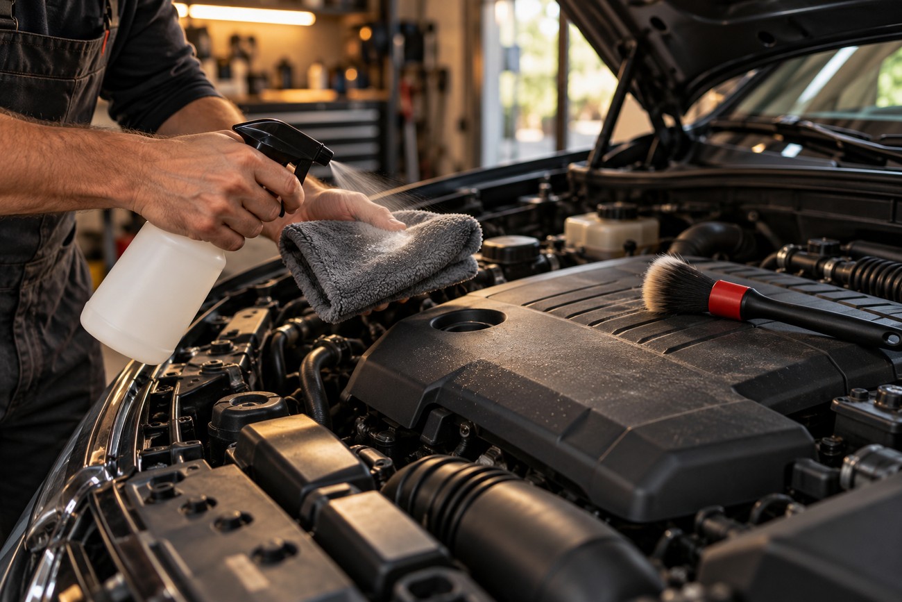 A mechanic in a garage spraying cleaner onto a gray microfiber cloth near a modern car engine bay