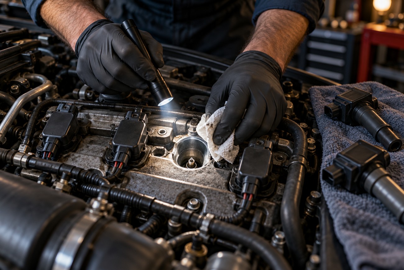 Mechanic wearing black gloves inspects a car engine bay with a flashlight and wipes a component