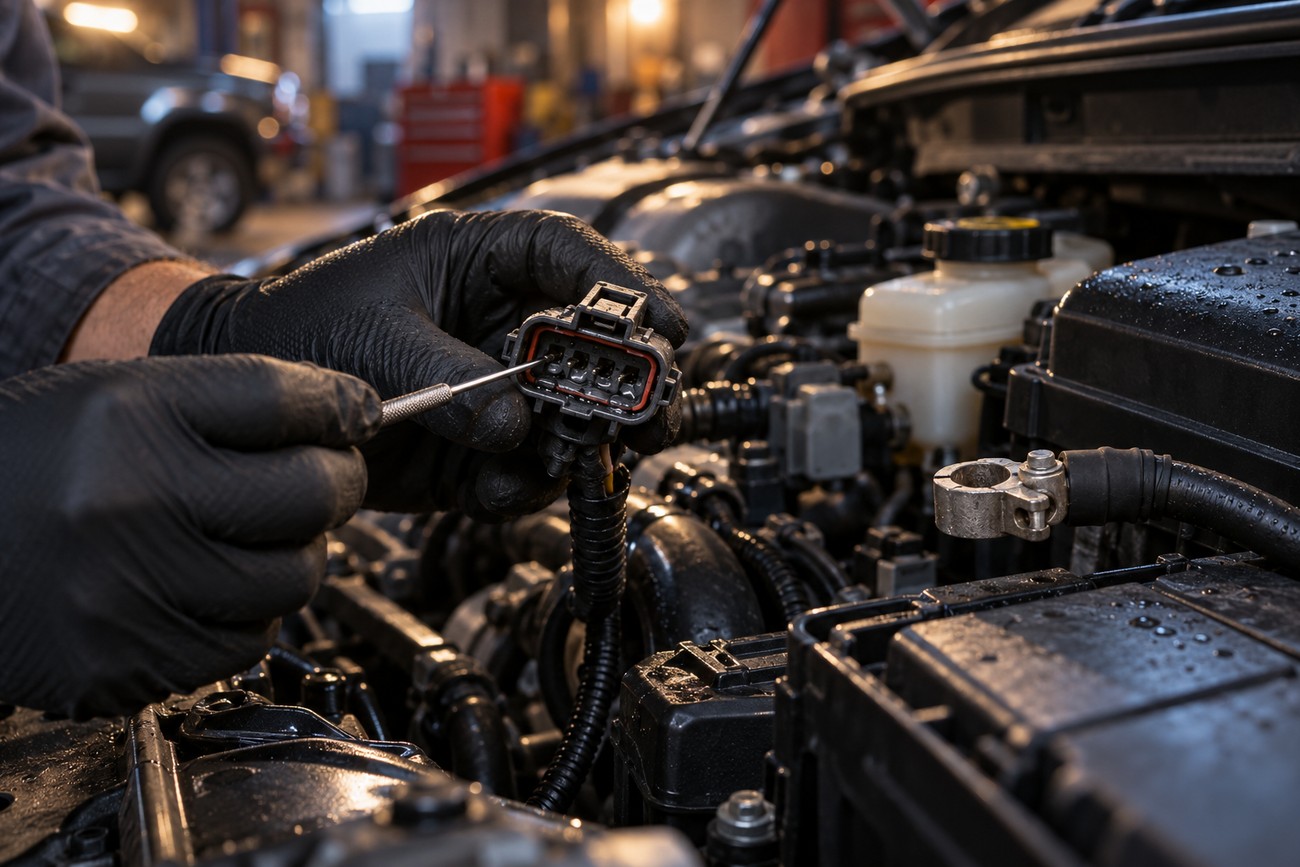 Mechanic in black gloves carefully cleaning an electrical connector inside a wet car engine bay