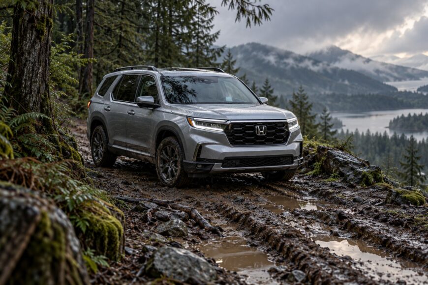 A silver Honda Pilot SUV driving on a muddy and wet hiking trail in a mountainous forest