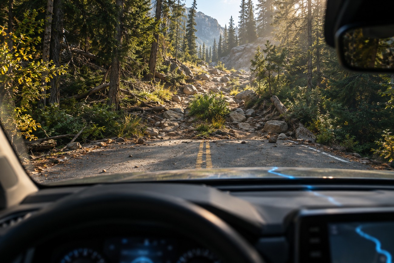 Driver view from inside a Honda Pilot facing a rough rocky hiking trail where the paved road ends