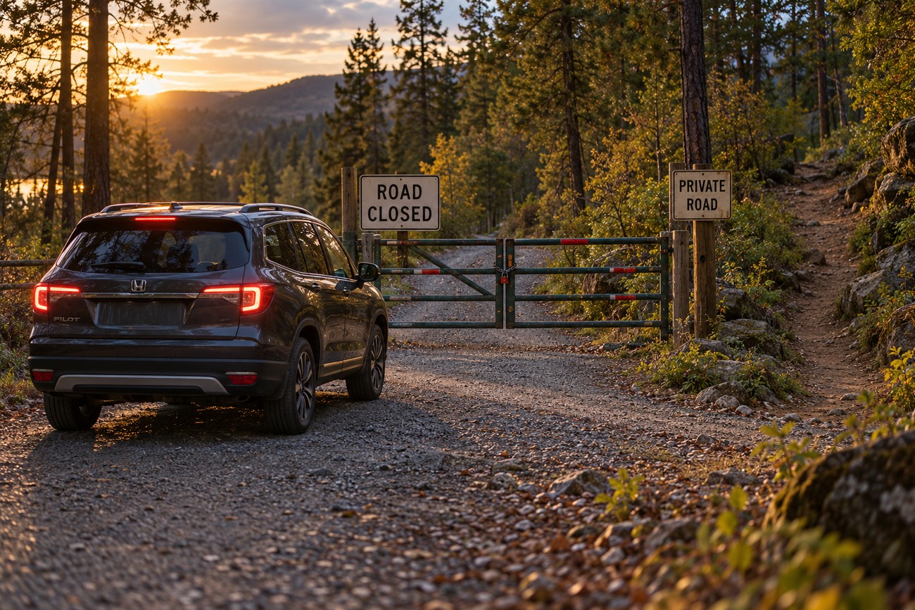 A dark Honda Pilot SUV parked in front of a locked gate with road closed and private road signs next to a narrow hiking trail in a forest at sunset