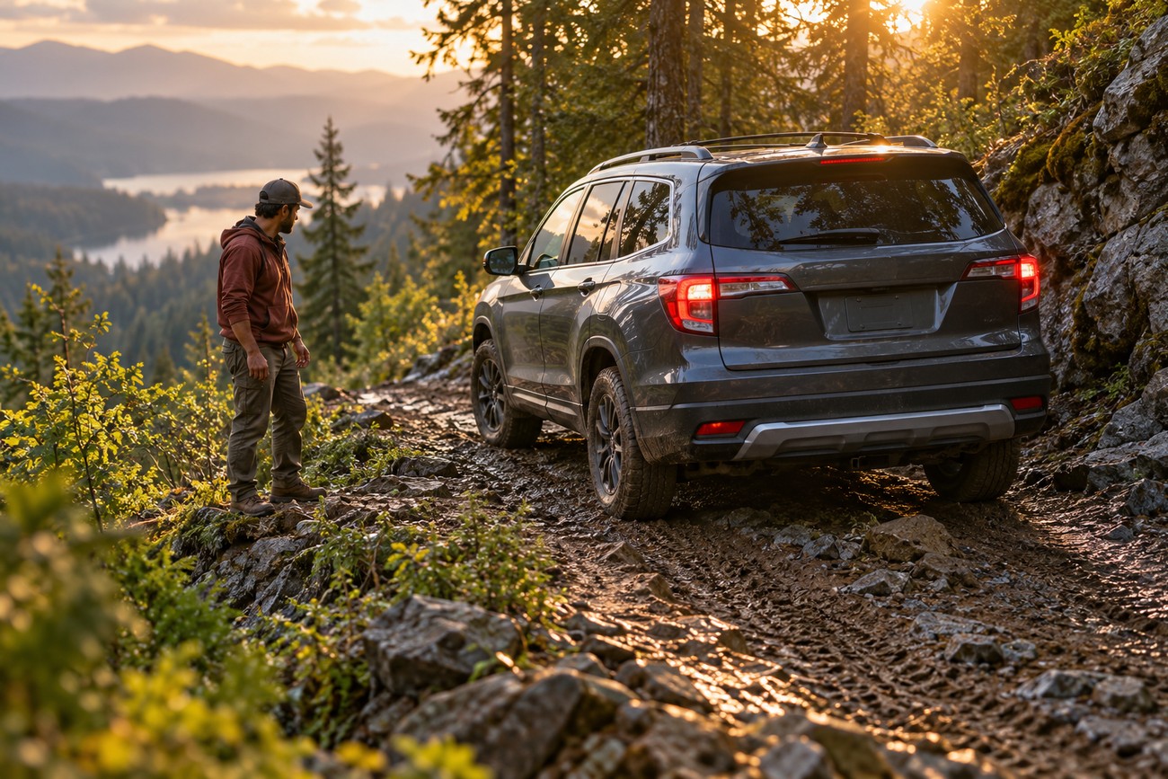 A man stands on a muddy mountain trail looking at a gray Honda Pilot SUV stopped near a rocky drop-off during sunset
