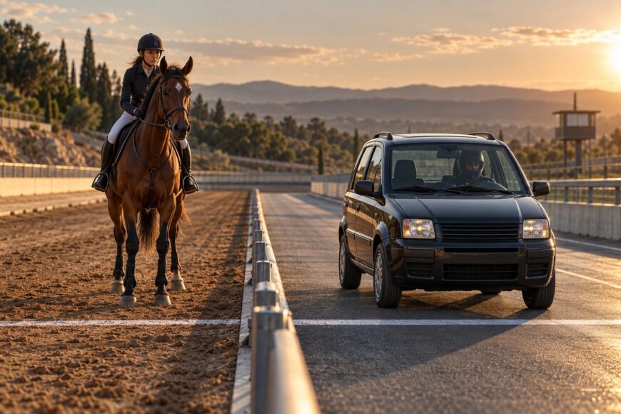 A horse and rider waiting at the starting line next to a black Fiat Panda car on a track