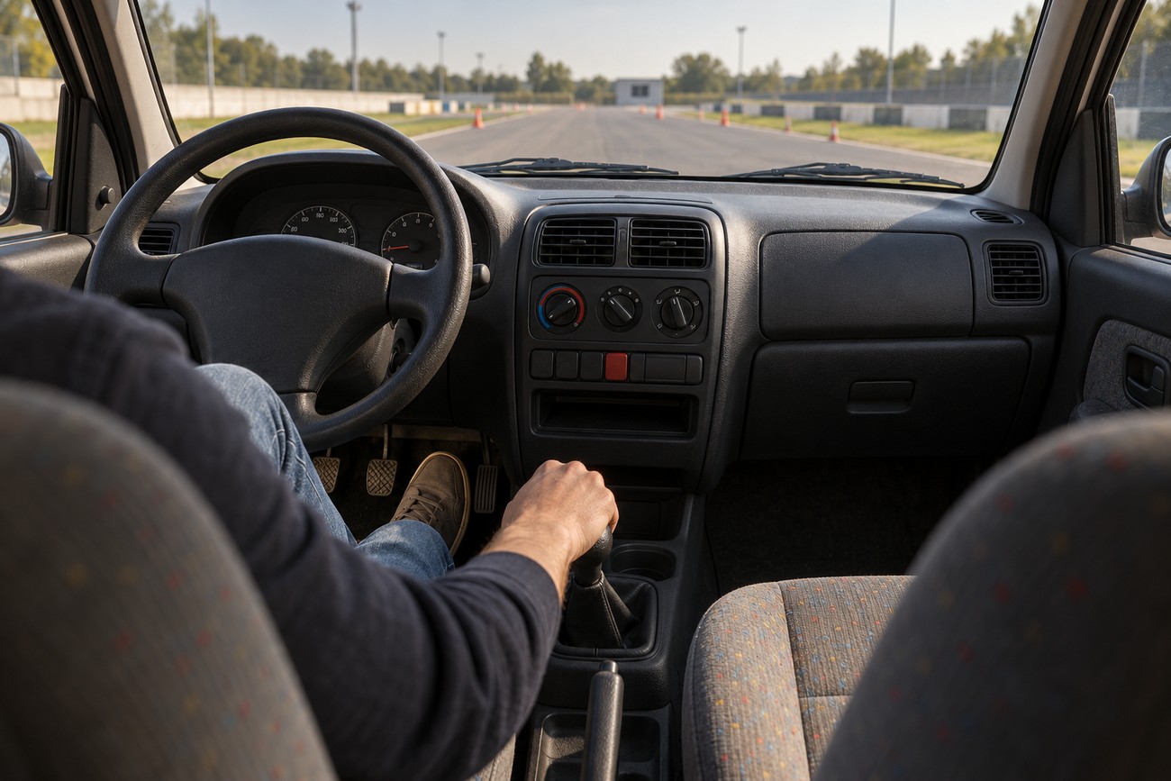 Driver sitting inside a Fiat Panda holding the gear shifter with a racetrack visible through the windshield