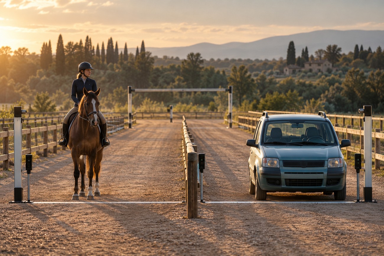 A horse and rider facing a light blue Fiat Panda at the starting line of a dirt track during sunset