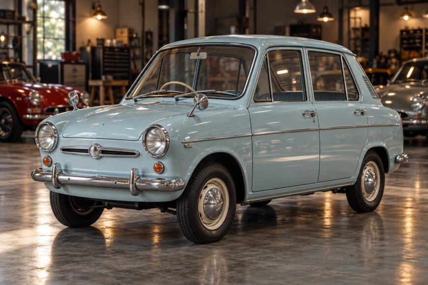 Light blue vintage 1962 Mazda Carol four-door kei car parked on a glossy concrete floor inside a garage