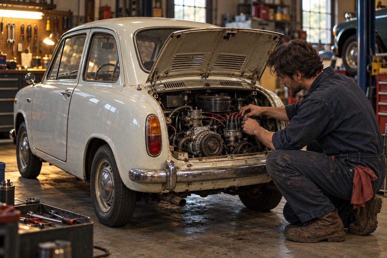 A mechanic in coveralls kneels to work on the open rear engine bay of a vintage white Mazda Carol kei car in a garage