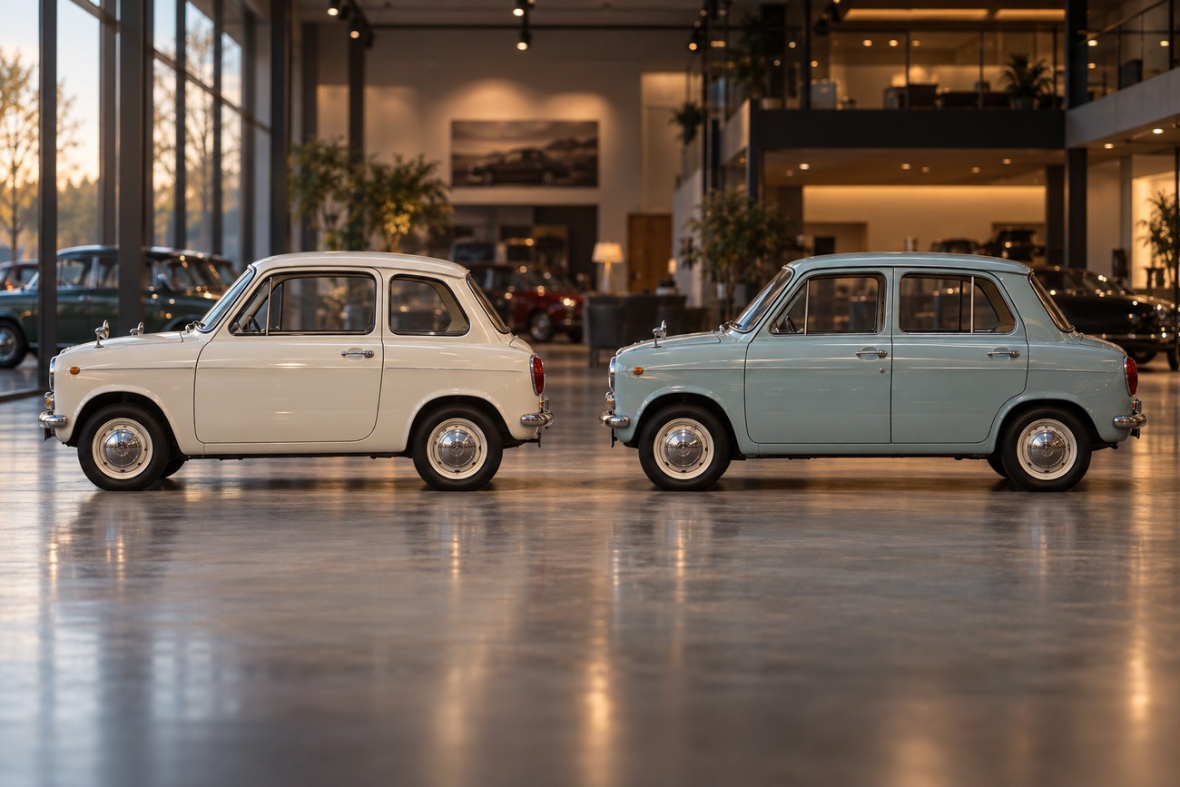 Two vintage 1962 Mazda Carol kei cars in white and light blue parked inside a modern showroom with large windows
