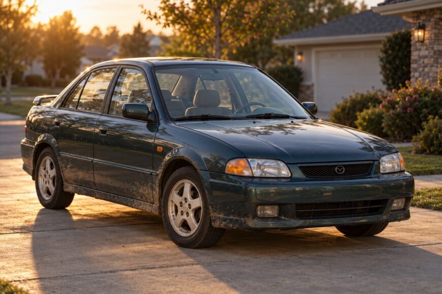 Dark green Mazdaspeed Protege compact sedan parked on a concrete driveway in front of a house at sunset
