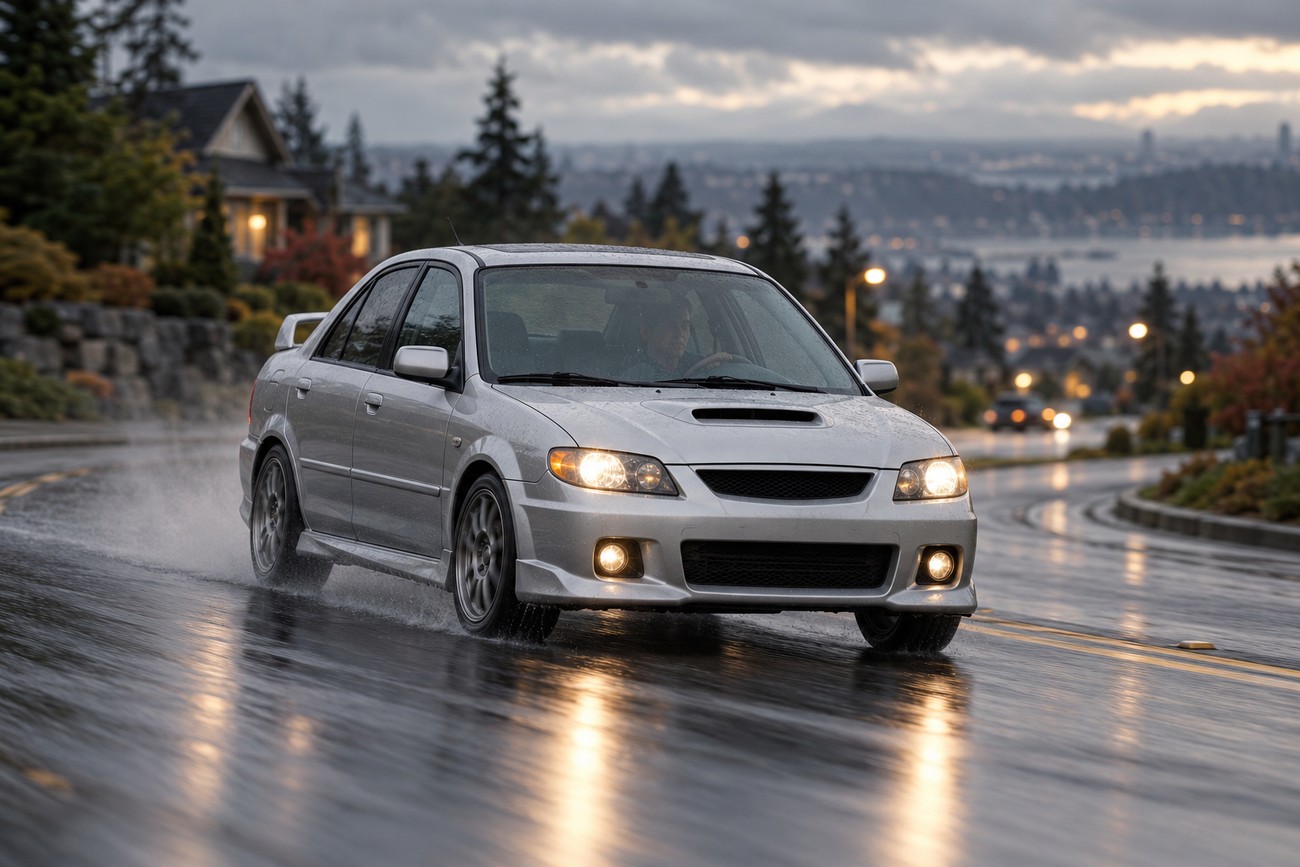 Silver Mazdaspeed Protege turbo compact sedan driving on a wet asphalt road through a suburban neighborhood