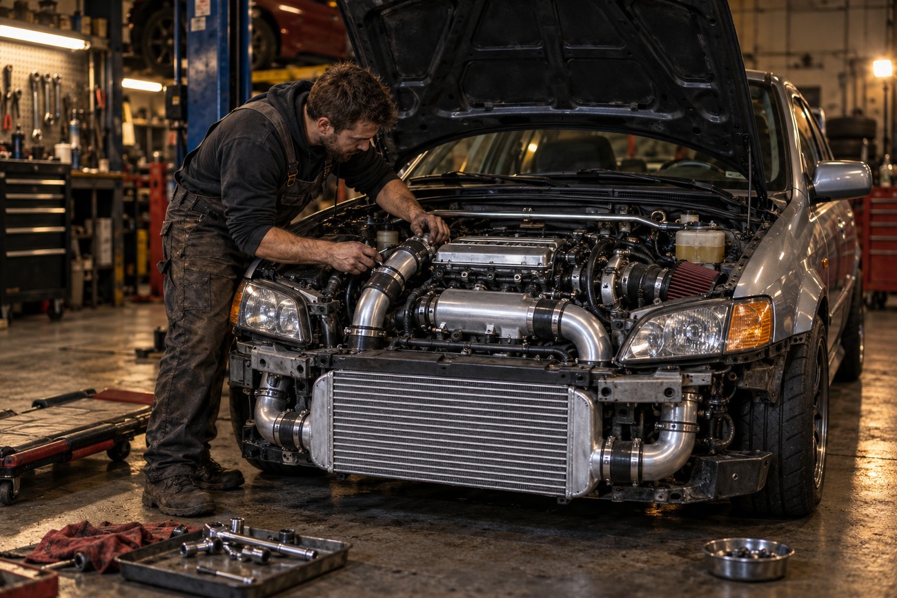 A mechanic in overalls working on the turbocharged engine bay of a Mazdaspeed Protege in a repair shop