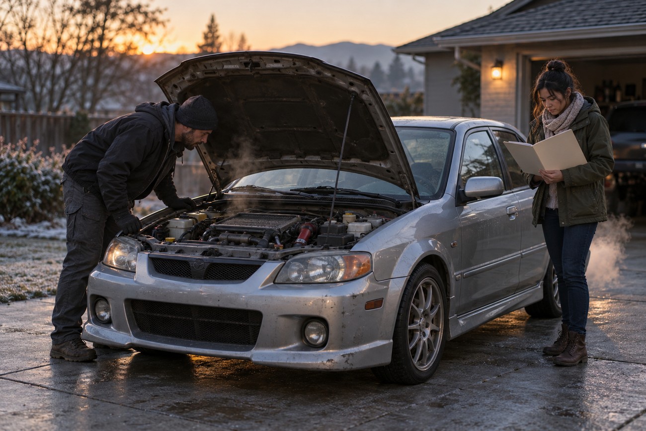 A man looking under the hood of a silver Mazdaspeed Protege sedan with steam rising while a woman holds a manual