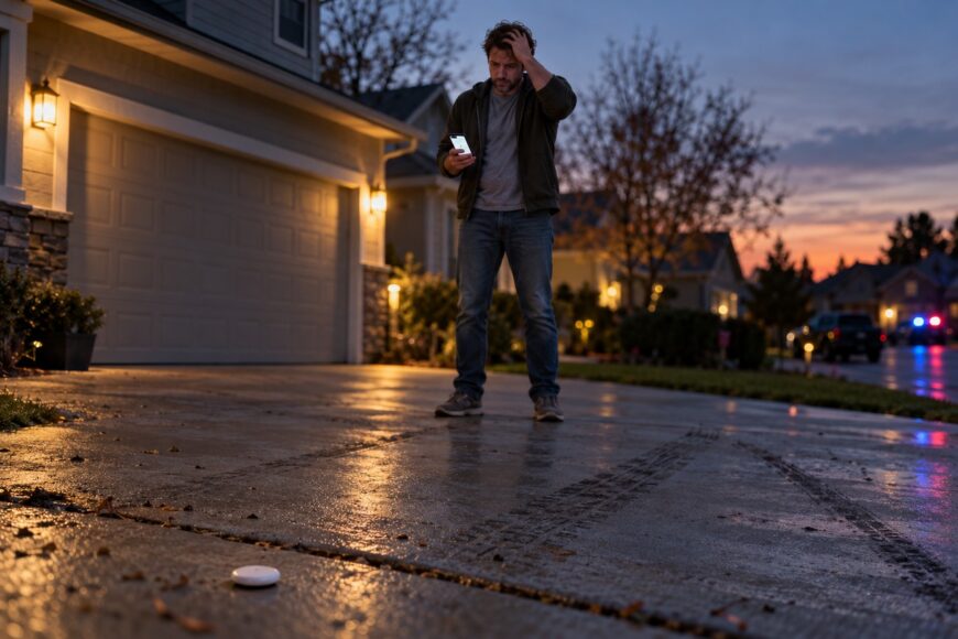A stressed man stands in a residential driveway at dusk holding a smartphone and looking at an AirTag on the pavement where his car was stolen