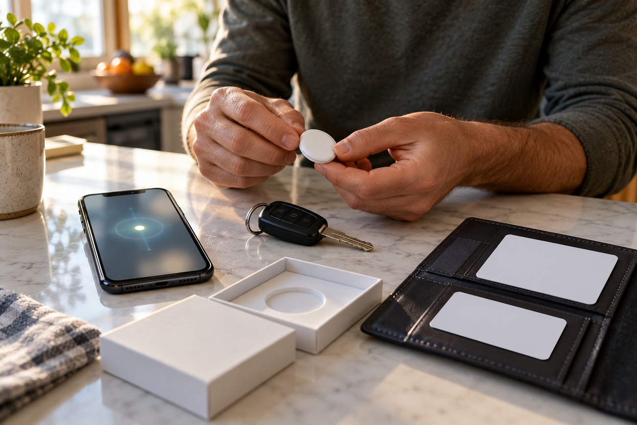 Man holding an Apple AirTag at a table with a tracking smartphone and car keys