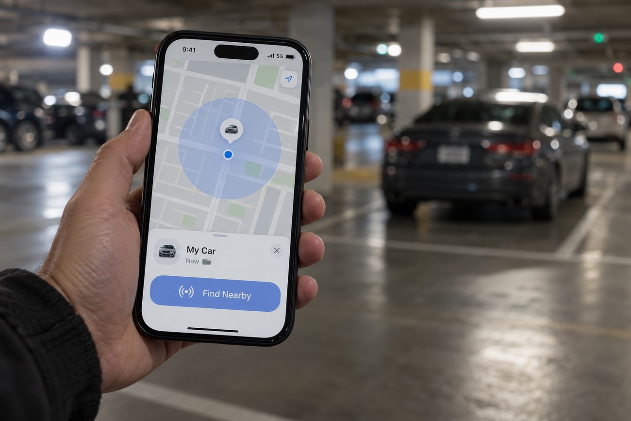 A person holding a smartphone showing a car tracking map app in an underground parking garage