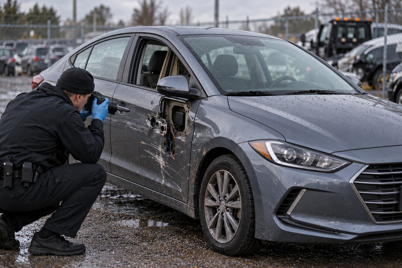 An investigator in dark clothing and blue gloves photographs damage on the side of a recovered gray Hyundai Elantra