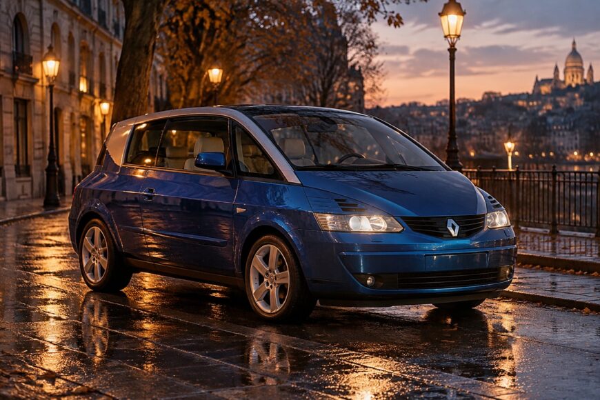 A blue Renault Avantime coupe-MPV parked on a wet cobblestone street in Paris during sunset with glowing streetlights