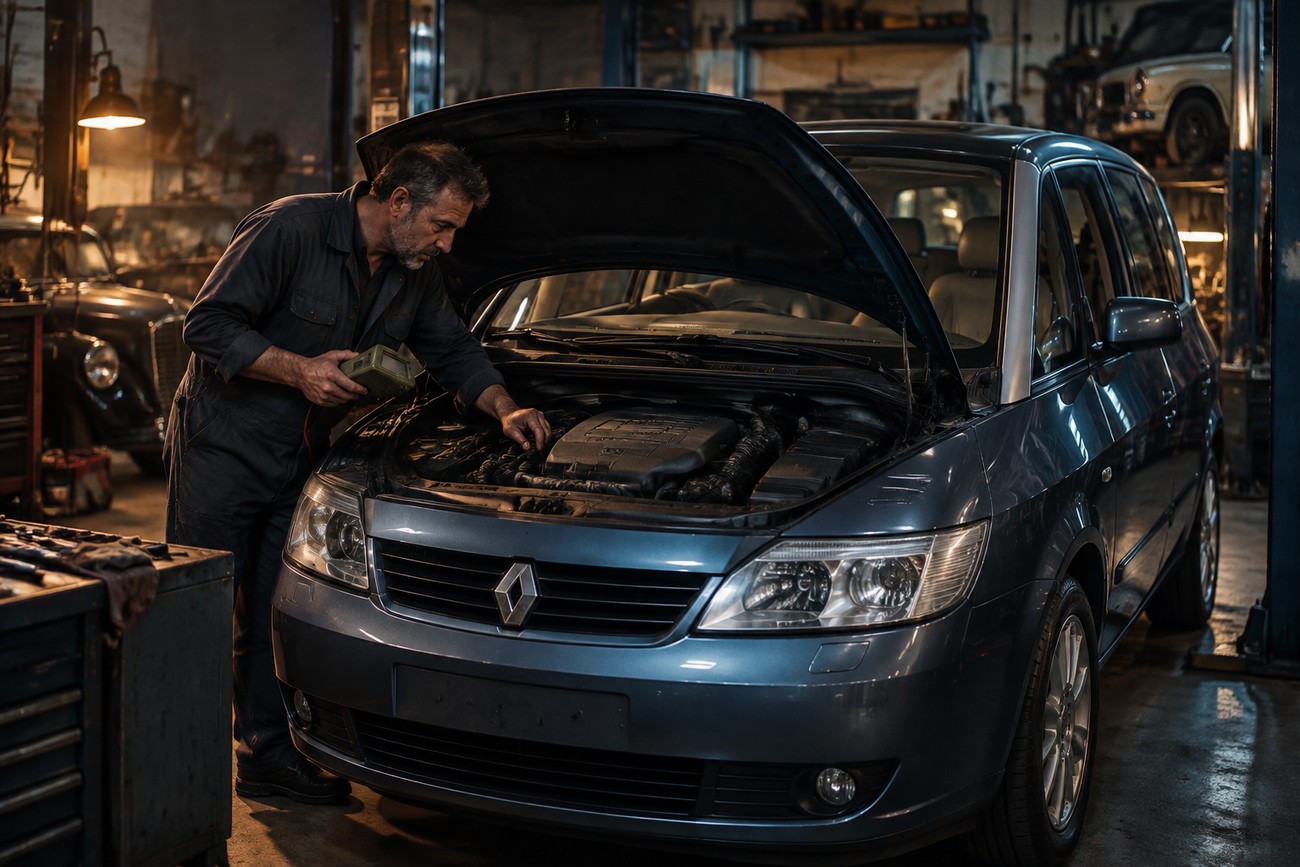 A mechanic in overalls inspecting the open engine bay of a blue Renault Avantime inside a dimly lit garage
