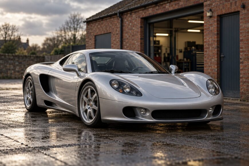A silver Ascari KZ1 supercar parked on a wet paved courtyard in front of a brick building