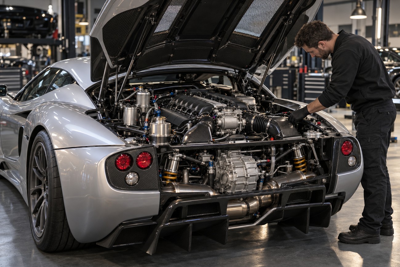 A mechanic in black uniform working on the open engine bay of a silver Ascari KZ1 supercar inside a workshop