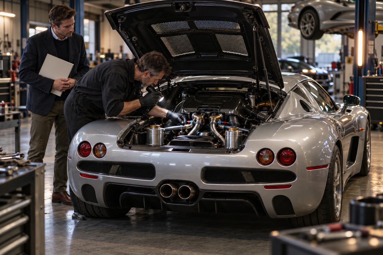 Mechanic inspecting the engine bay of a silver Ascari KZ1 supercar with a flashlight in a Banbury workshop
